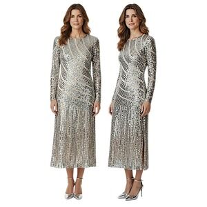 Judith Ann Creations Dress XS Women Silver Sequin Silk Long Sleeve Midi Vtg READ